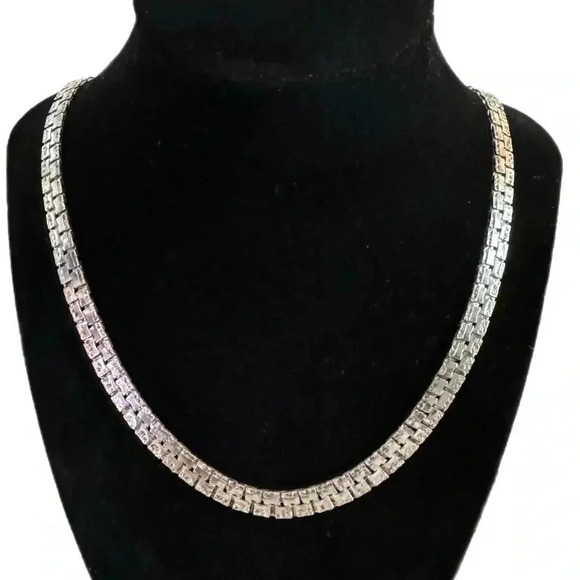 Vintage Silver Tone Textured Chain Link Glam Necklace Statement Piece 24” - Picture 2 of 7